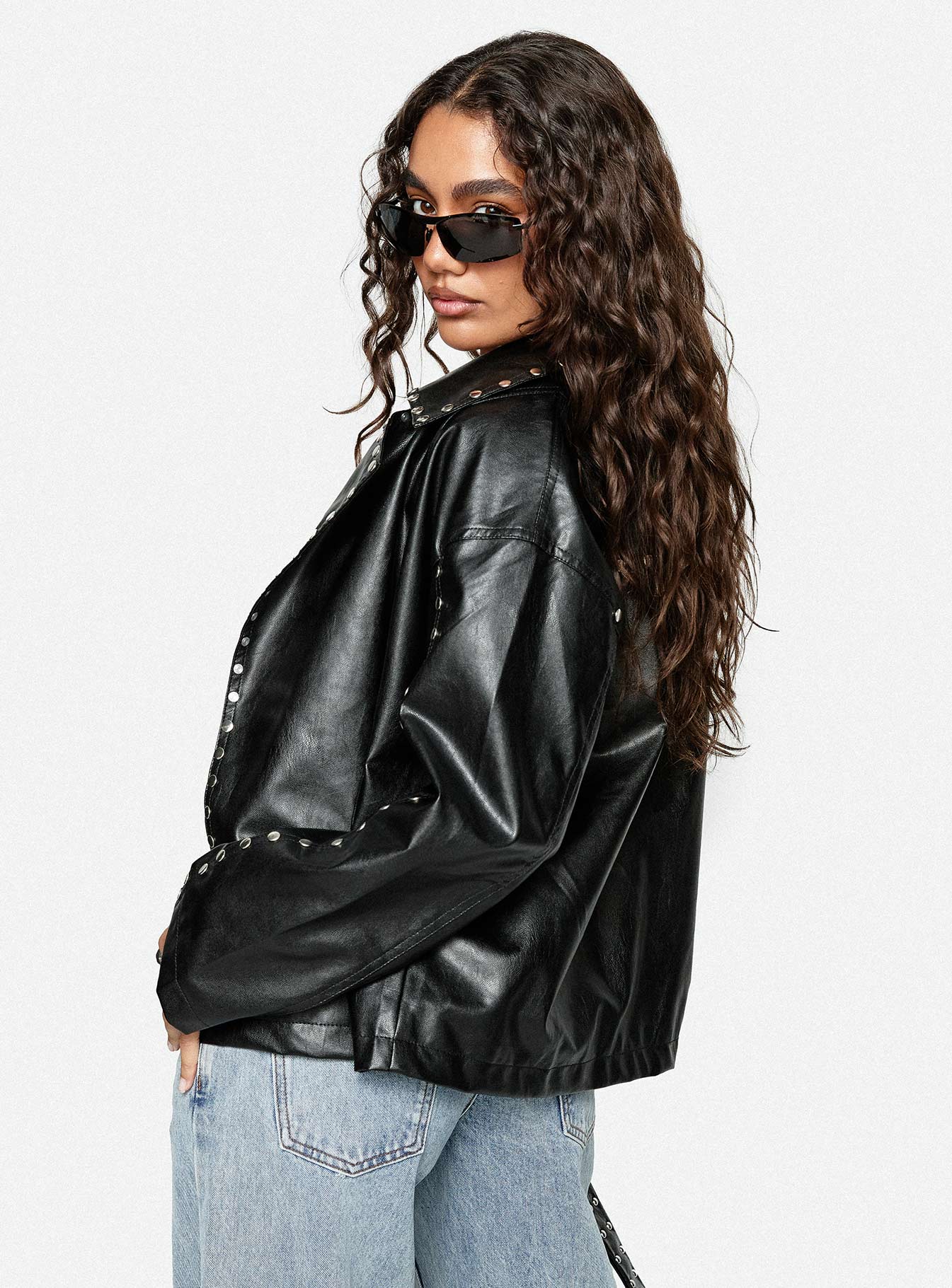 Kaeden Faux Leather Stud Detail Biker Jacket Black