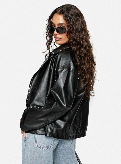 Kaeden Faux Leather Stud Detail Biker Jacket Black