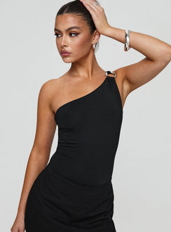 front view of model wearing Princess Polly Talija One Shoulder Bodysuit Black Tall Sleeveless 