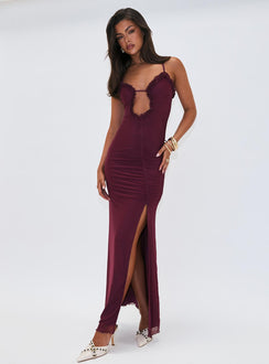 front view of model wearing Princess Polly Soulina Ruched Maxi Dress Purple Sweetheart Neckline 
