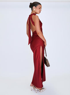 back view of model wearing Princess Polly Mordecai Halter Maxi Dress Burgundy High Neck 