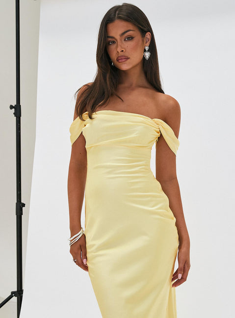 side view of model wearing Princess Polly Azura Off The Shoulder Maxi Dress Yellow Straight Neck 
