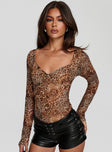 side view of model wearing Princess Polly Elixia Long Sleeve Bodysuit Leopard Full Sleeves 