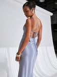 back view of model wearing Princess Polly Treasure Bias Cut Maxi Dress Blue V-Neck 