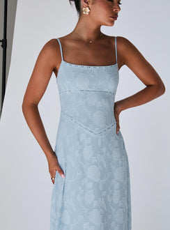 front view of model wearing Princess Polly South Of France Maxi Dress Blue Square Neck 