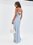 back view of model wearing Princess Polly Linger Bias Cut Maxi Dress Blue V-Neck 