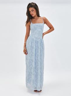 front view of model wearing Princess Polly Angeleina Maxi Dress Blue Floral Square Neck 