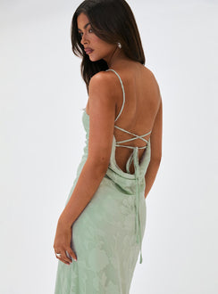 back view of model wearing Princess Polly Zoelle Halter Maxi Dress Sage V-Neck 