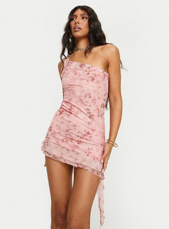 side view of model wearing Princess Polly Bramwell One Shoulder Mini Dress Pink Tall Asymmetric Neckline 