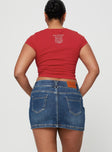 back view of model wearing Princess Polly Faya Low Rise Mini Denim Skirt Vintage Dark Wash Tall Mini Skirts 