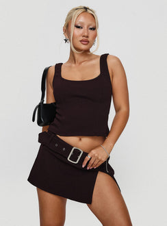 back view of model wearing Princess Polly Evonne Corset Top Wine Sleeveless Scoop Neck 