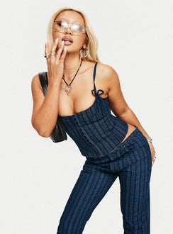 side view of model wearing Princess Polly Charismatic Denim Corset Dark Pinstripe Sleeveless Square Neck 