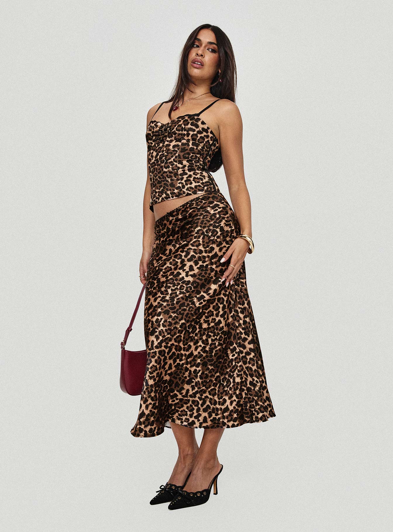 back view of model wearing Princess Polly Enigmatic Maxi Skirt Leopard Maxi 