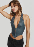 front view of model wearing Princess Polly Palladia Faux Leather Jordy Corset Navy Sleeveless Plunger 