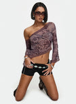 front view of model wearing Princess Polly Empty Space Top Leopard Full Sleeves Asymmetric Neckline 