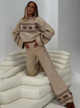 front view of model wearing Princess Polly Anok Graphic Sweater Cream / Brown Long 