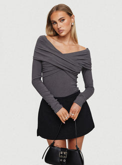 back view of model wearing Princess Polly Sundlow Off Shoulder Bodysuit Slate Long Sleeve Tops 