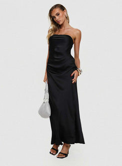 side view of model wearing Princess Polly Marlisa Strapless Maxi Dress Black Straight Neck 