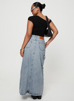 back view of model wearing Princess Polly McGuane Denim Midi Skirt Petite Maxi 