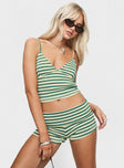 front view of model wearing Princess Polly Miztaray Cami Top Green / Cream Stripe Sleeveless V-Neck 