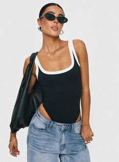 front view of model wearing Princess Polly Astrea Bodysuit Black / White Sleeveless 