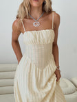 front view of model wearing Princess Polly Slow Dance Linen Blend Maxi Dress Cream / Blue Square Neck 