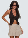 front view of model wearing Princess Polly No Hard Feelings Twist Top Brown Sleeveless Plunger 