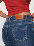 back view of model wearing Princess Polly Faya Low Rise Mini Denim Skirt Vintage Dark Wash Tall Mini Skirts 