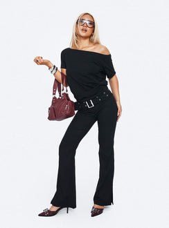 front view of model wearing Princess Polly Kortnee Eyelet Detail Flare Leg Pants Black Low Rise Pants 