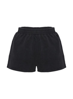 side view of model wearing Princess Polly All Day Short Washed Black High Waisted Shorts 