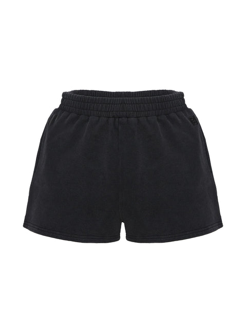 side view of model wearing Princess Polly All Day Short Washed Black High Waisted Shorts 