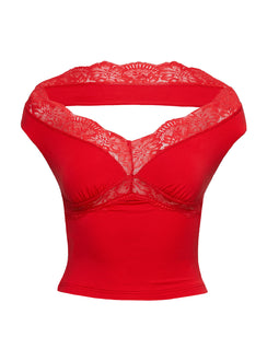 Amarena Off The Shoulder Lace Top Red Short Sleeves V-Neck 