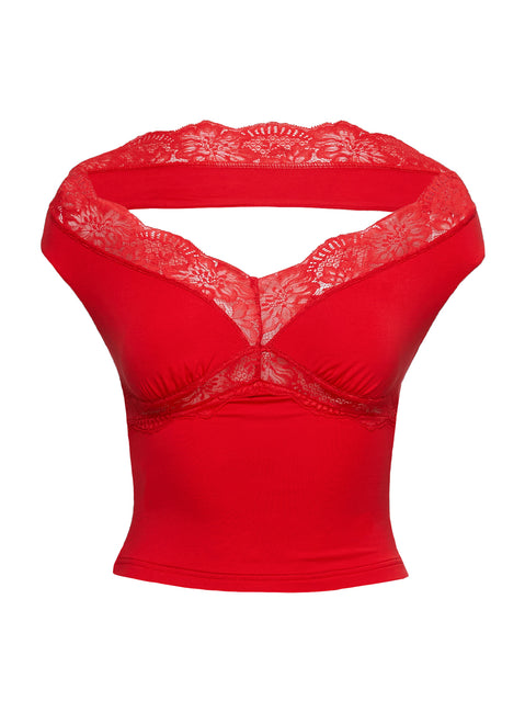 Amarena Off The Shoulder Lace Top Red Short Sleeves V-Neck 