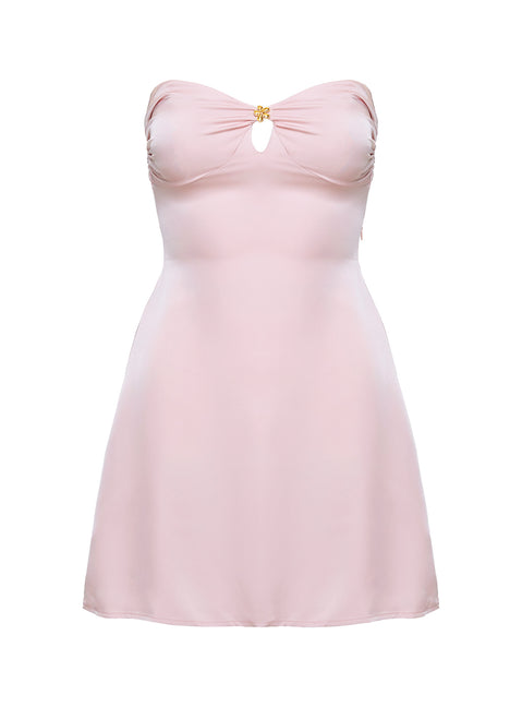 front view of model wearing Princess Polly Americano Mini Dress Pink Petite Sweetheart Neckline 