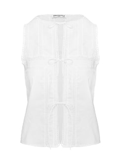 side view of model wearing Princess Polly Angourie Blouse Top White Sleeveless Crew Neck 