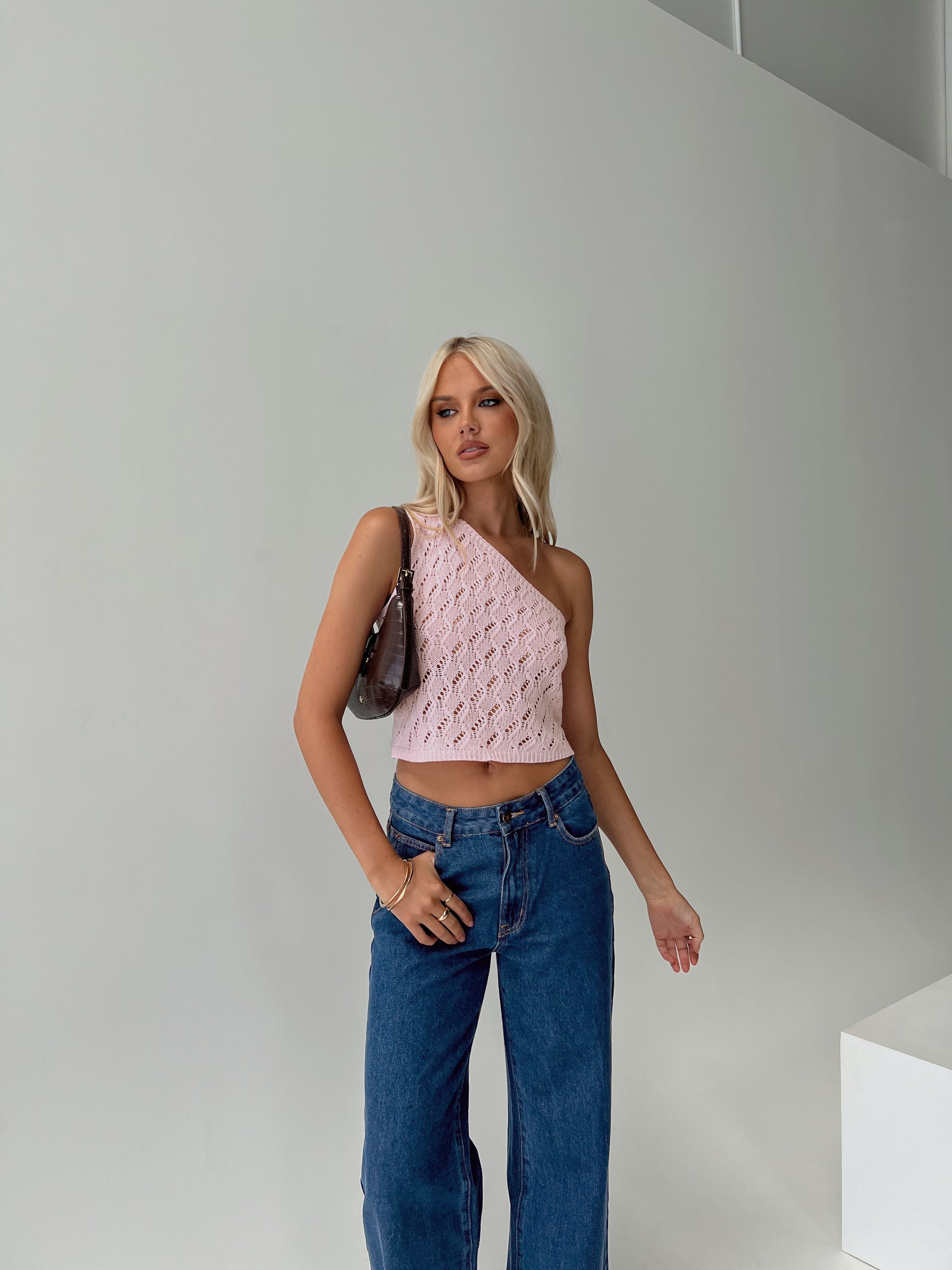 Anthinie One Shoulder Top Pink Sleeveless Asymmetric Neckline 