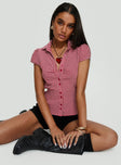 side view of model wearing Princess Polly Arianwyn Top Red Check Short Sleeves V-Neck 