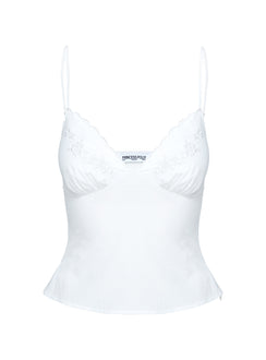 side view of model wearing Princess Polly Aruba Embroidered Cami White Sleeveless Plunger 