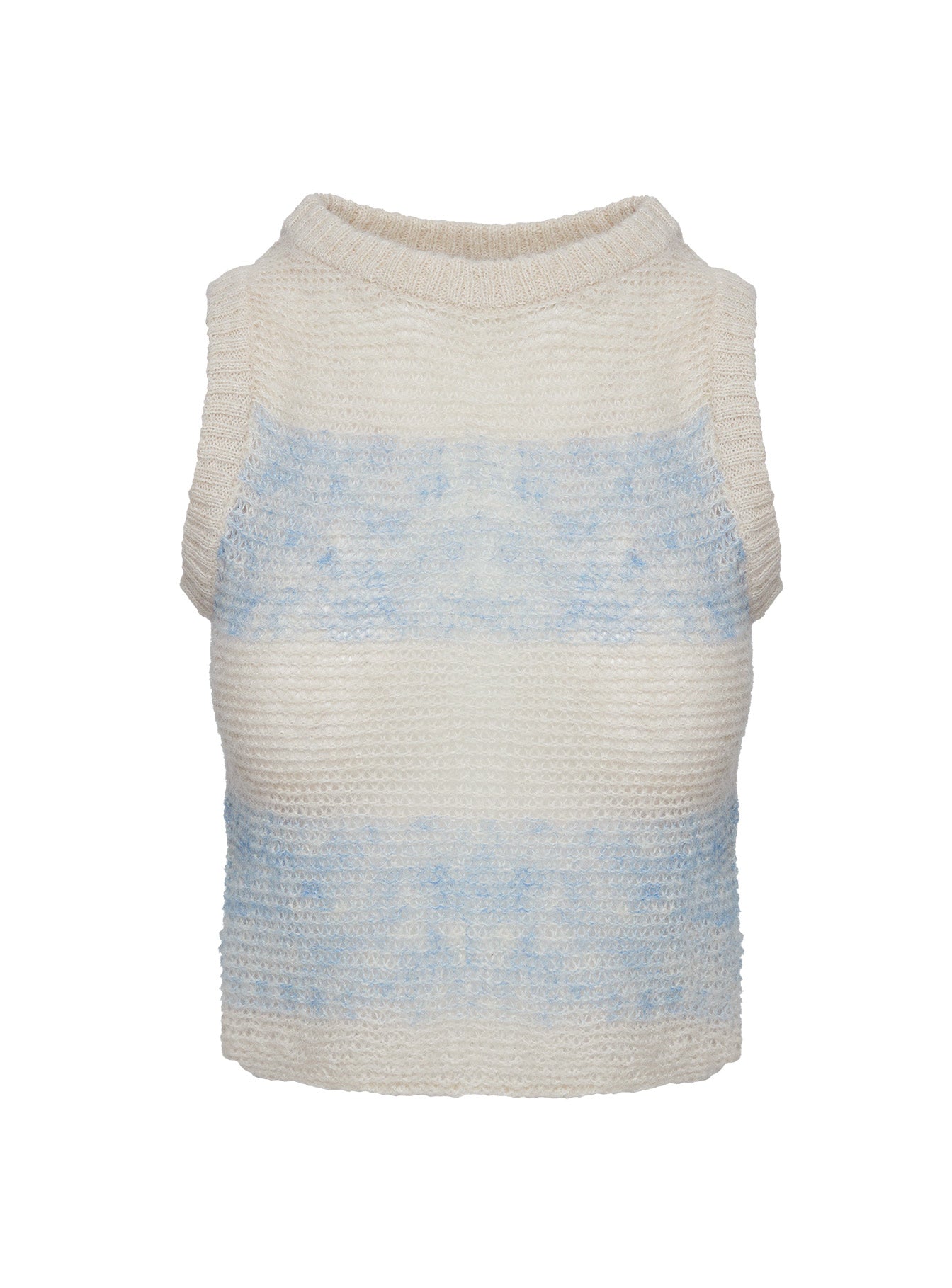 side view of model wearing Princess Polly Asumi Knit Top Cream/blue Cropped 