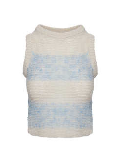 side view of model wearing Princess Polly Asumi Knit Top Cream/blue Cropped 