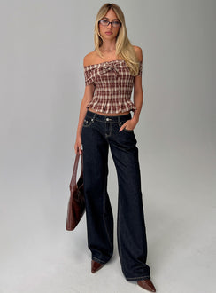 Avalynn Off Shoulder Shirred Top Brown Check