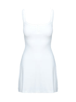 back view of model wearing Princess Polly Baseline Rib Mini Dress White Scoop Neck 