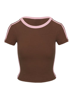 back view of model wearing Princess Polly Baseline Rib Tee Brown / Pink Short Sleeves Crew Neck 
