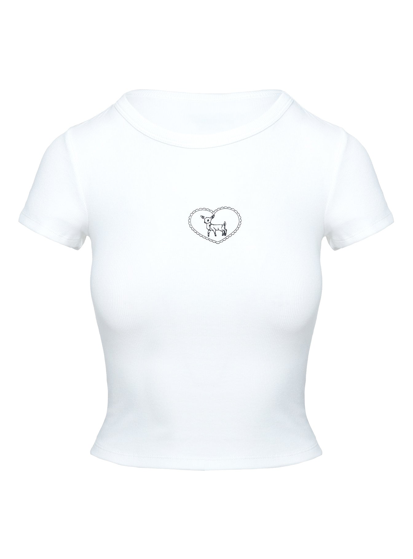 back view of model wearing Princess Polly Baseline Rib Tee Oh Deer White Short Sleeves Crew Neck 