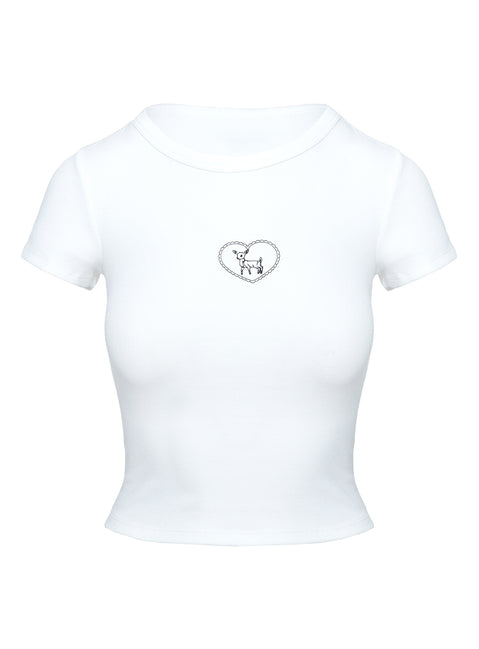 back view of model wearing Princess Polly Baseline Rib Tee Oh Deer White Short Sleeves Crew Neck 