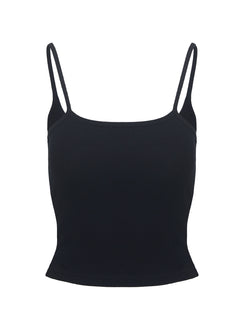 back view of model wearing Princess Polly Baseline Rib Top Black Sleeveless Square Neck 