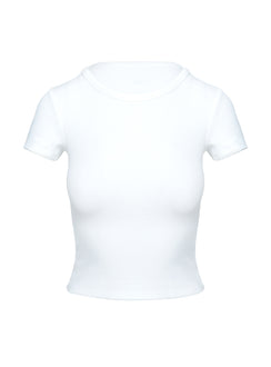 back view of model wearing Princess Polly Baseline Scoop Rib Tee White Short Sleeves Crew Neck 