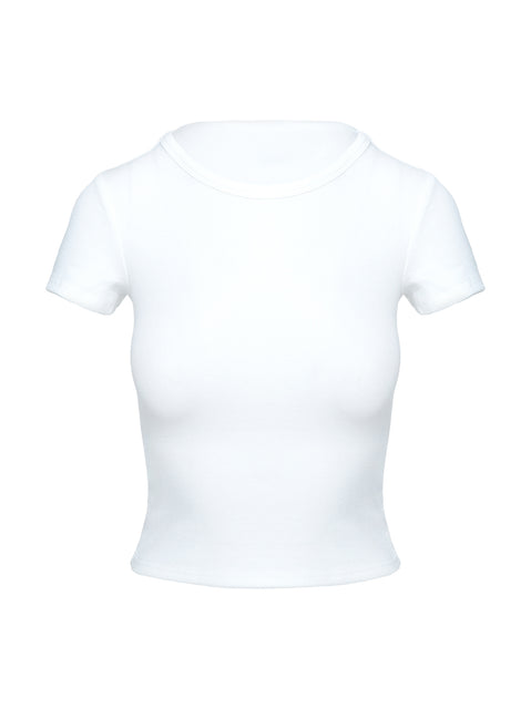 back view of model wearing Princess Polly Baseline Scoop Rib Tee White Short Sleeves Crew Neck 