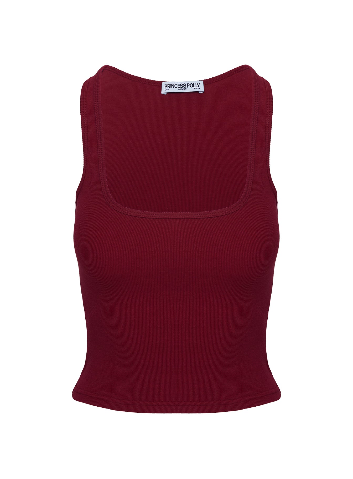 back view of model wearing Princess Polly Baseline Square Neck Rib Tank Top Red Sleeveless Square Neck 