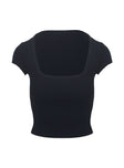 back view of model wearing Princess Polly Baseline Square Neck Rib Top Black Short Sleeves Square Neck 